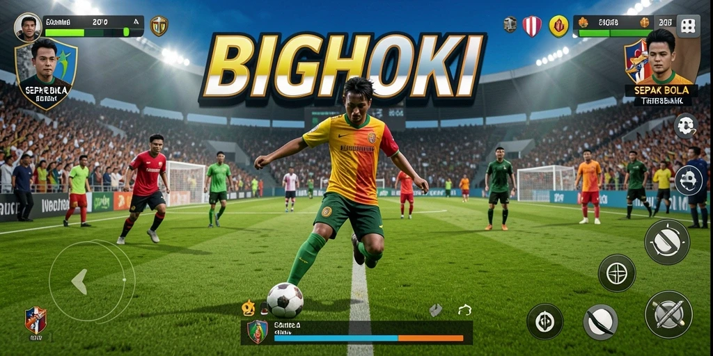 Screenshot game BIGHOKI menampilkan aksi seru di lapangan sepak bola.