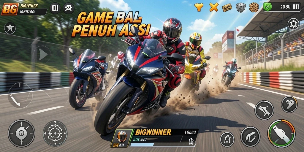 Tampilan gameplay seru dalam balap motor BIGWINNER.