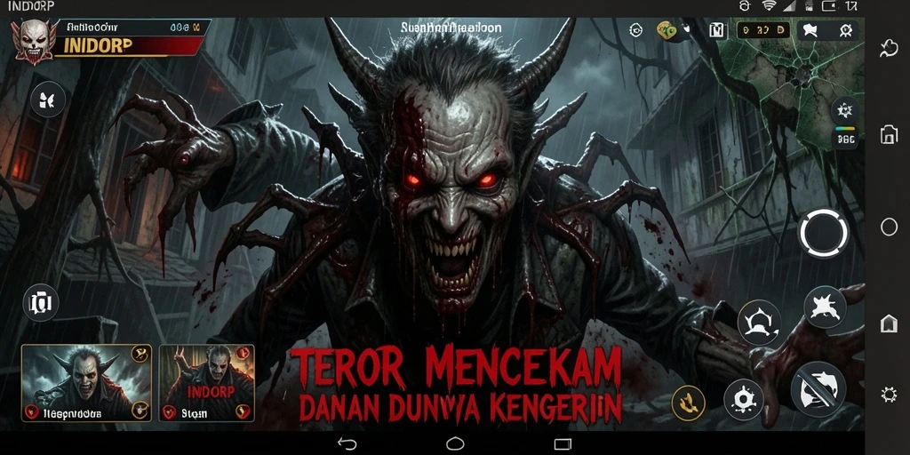 Tampilan gameplay <strong>INDORP</strong> yang menakutkan dengan suasana kelam dan hantu menakutkan.