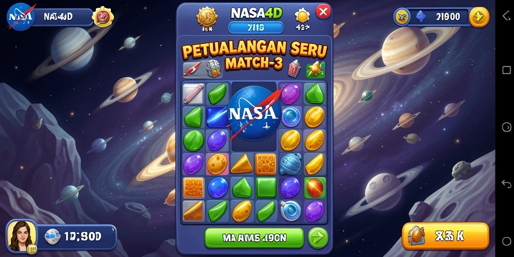 Tampilan gameplay seru dan penuh warna dari NASA4D - game Match-3.