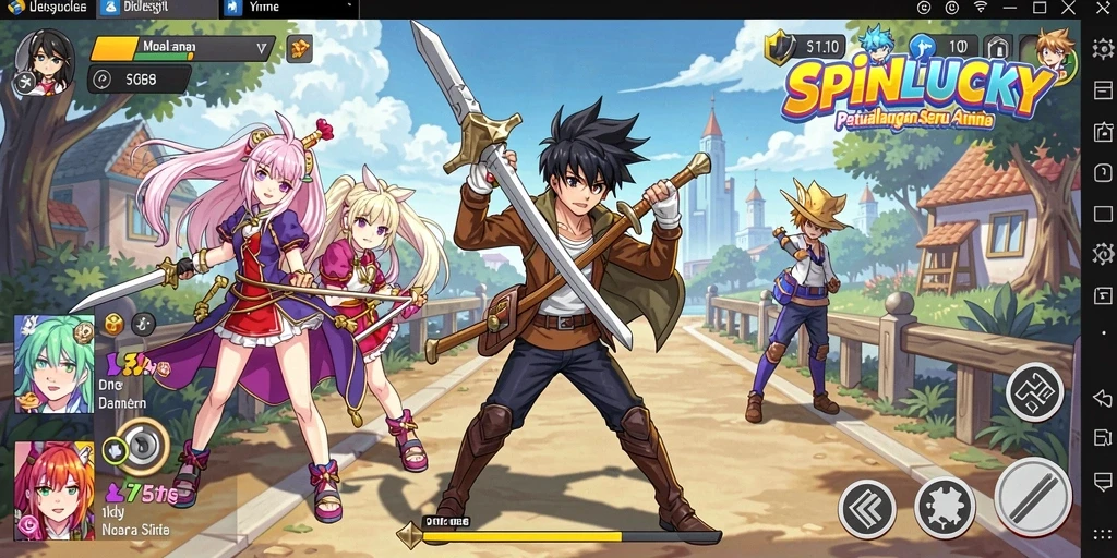 Tampilan gameplay seru dari SPINLUCKY dengan karakter anime menarik.