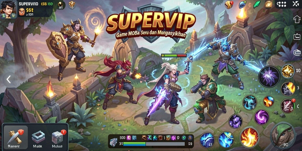 Gameplay seru di arena SUPERVIP dengan aksi MOBA yang mendebarkan.