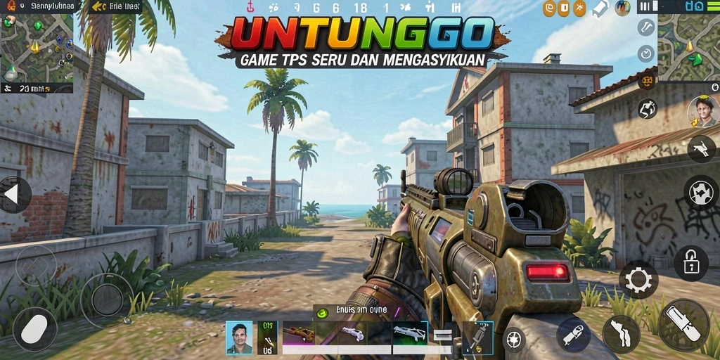 Tampilan gameplay UNTUNGGO dengan aksi tembak menembak yang intens.