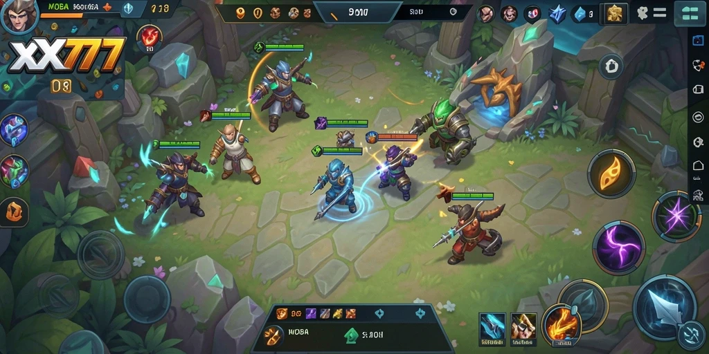 Screenshot utama <strong>XXX777</strong> menampilkan aksi pertempuran MOBA yang intens.